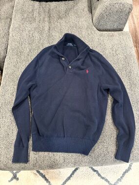 Ralph Lauren Navy Crewneck Shawl-Collar Sweater with Red Pony